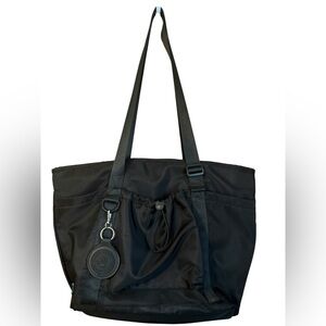 BearPaw Black Nylon Tote Bag with Front Drawstring Pocket Travel Work